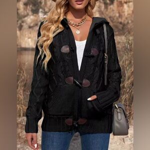 Dokotoo Hooded Cable Knit Cardigan Sweater Toggle Front Medium Fleece Lined
